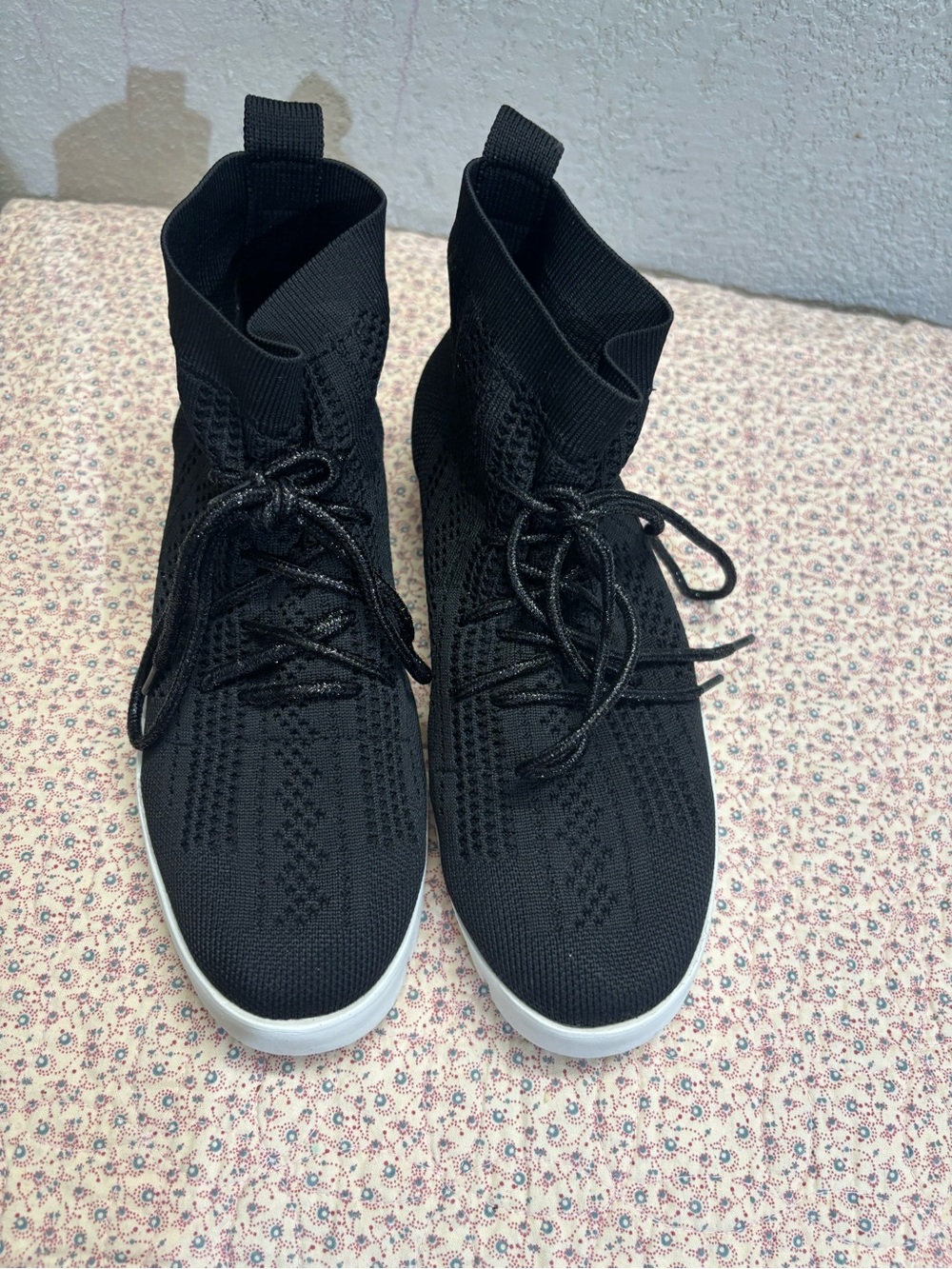bernie mev. Black Knit High-Top Sneakers with White Sole